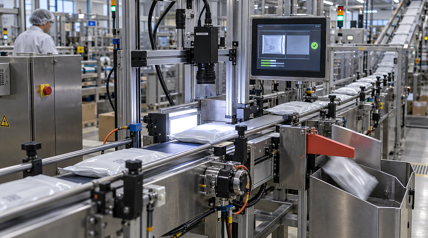 Date and batch codes on moving packs being read by an OCR camera with expected-versus-read result displayed.