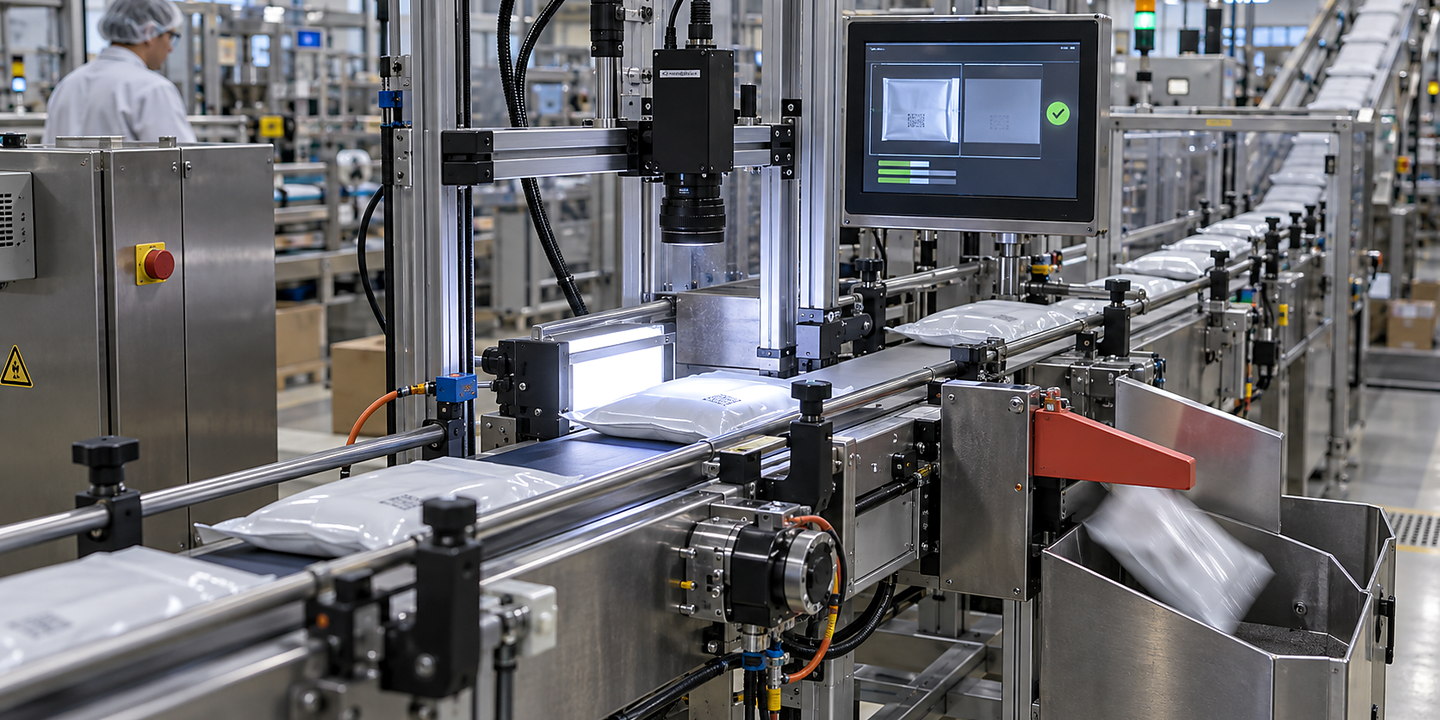 Date and batch codes on moving packs being read by an OCR camera with expected-versus-read result displayed.
